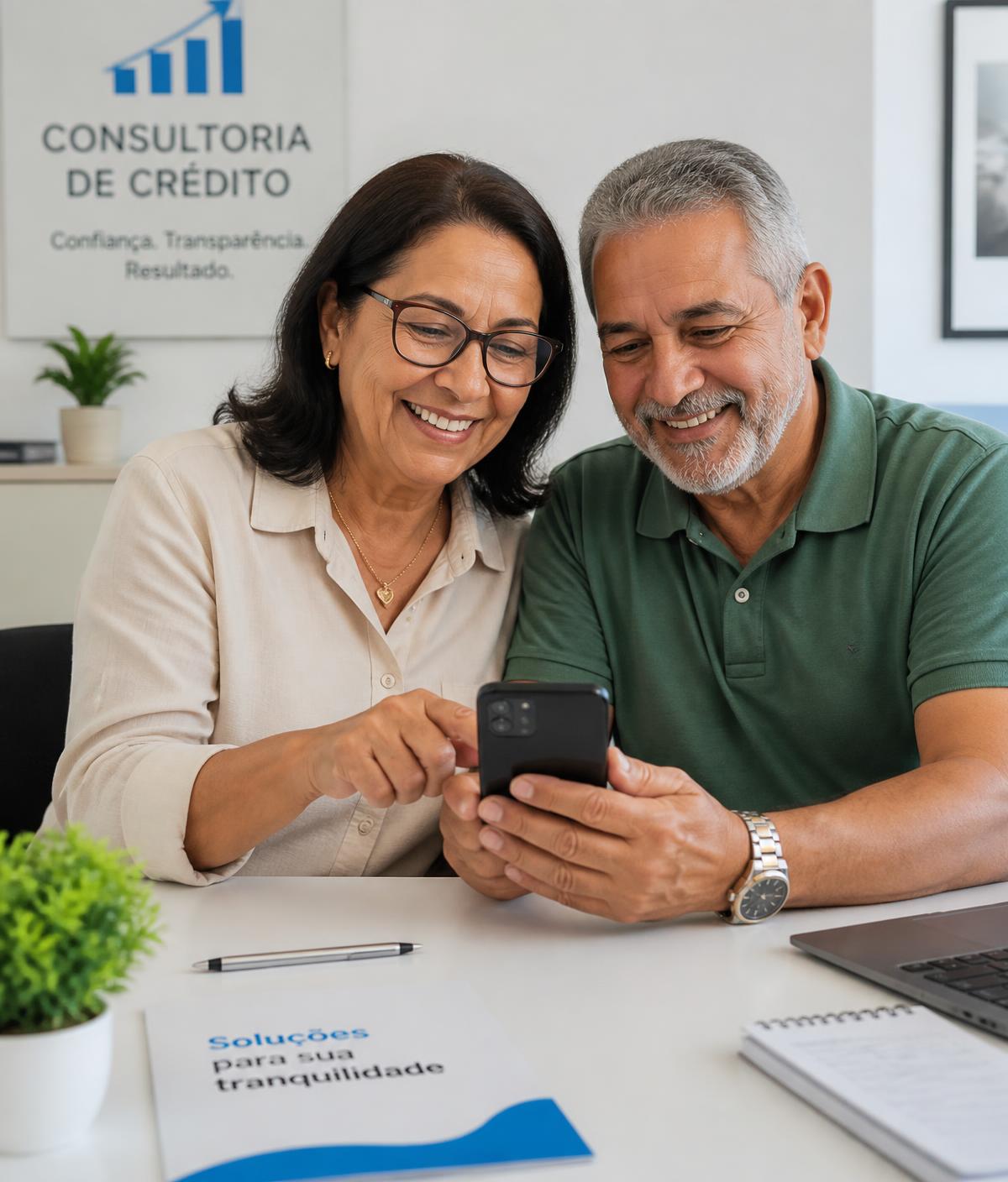Casal de aposentados sendo atendido pela Pertile Consignações